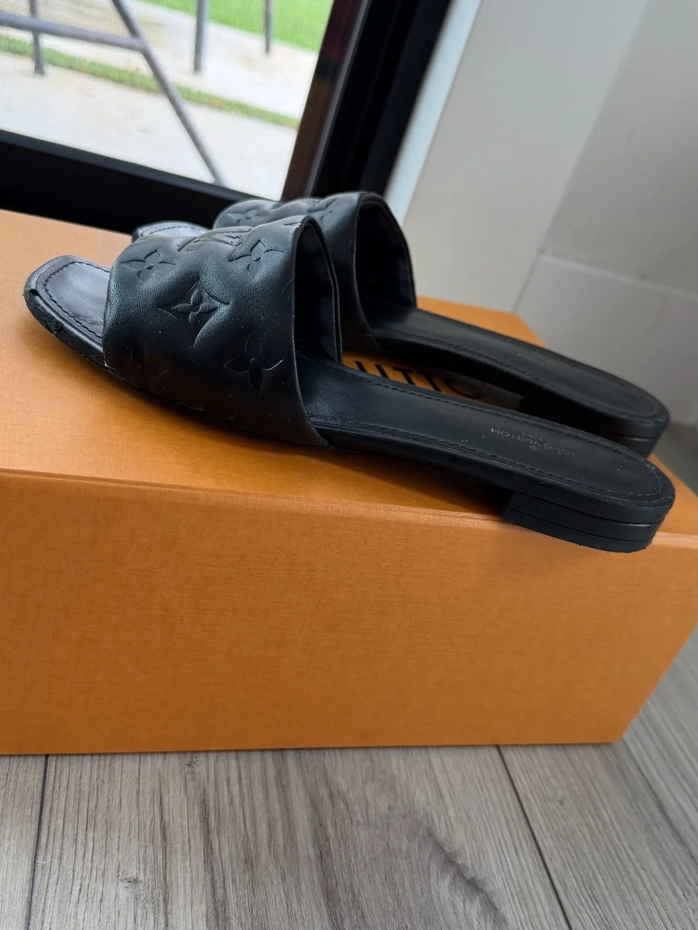 Louis Vuitton Black Embossed Monogram Slide Sandals
